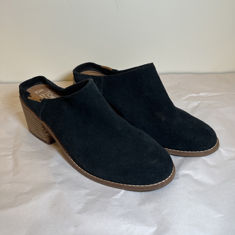 TOM'S Womens LEILA Black Suede Block Heel Mule Clog Slip On Shoes Size 7.5 W EUC